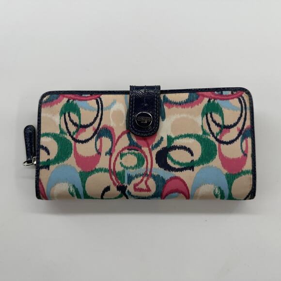 Coach Multicolor Signature Canvas Wallet 8x4 Zip Around Leather Trim - Picture 1 of 7